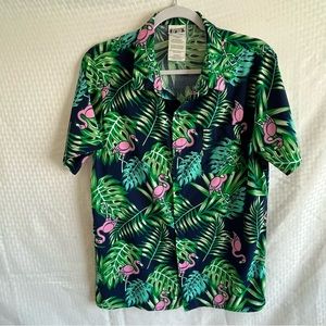 Men’s IML Hawaiian Tropical Flamingo ButtonUp Short Sleeve Shirt Blue Pink Small